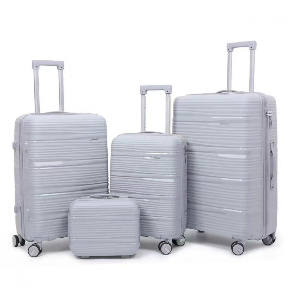 Ultra-lightweight PP suitcase with spinner wheels, telescopic handle, combination lock, and large-capacity zippered design.