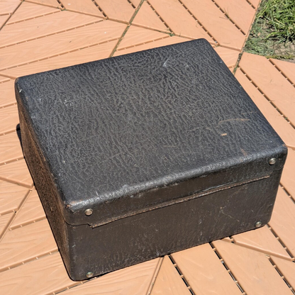 Aged Black Cracked Grain Rectangular Vintage Carry Case With Brass Lock Latches, Protective Base Studs And Integrated Inner Storage Slip Slots Suitcase