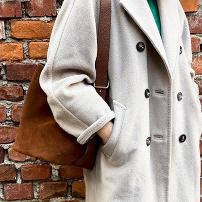 Chestnut Matte Fuzzy Slouchy Bucket Bag With Wide Buckle Fastened Hanging Strap, Auxiliary Opening Tie Tab And Roomy Unlined Inner Compartment