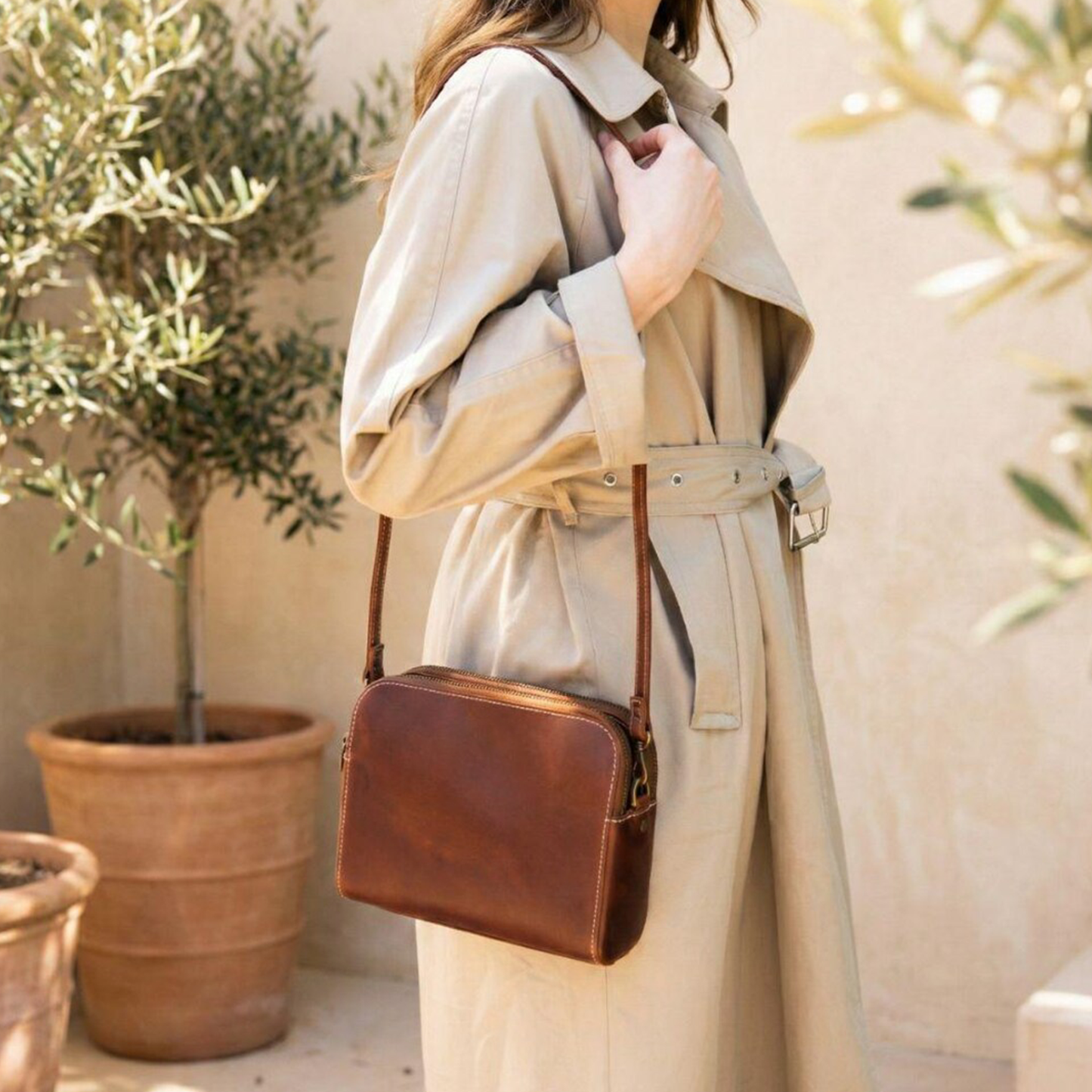 Vintage Tan Rounded Rectangle Mini Pouch With Dual Parallel Zip Closures, Contrast Edge Stitching And Side Ring Hanging Hardware