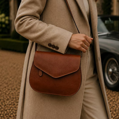 Vintage Brown Natural Grain Rounded Saddle Pouch With Pointed Envelope Flap, Vertical Tab Accent And Slide Buckle Hanging Strap