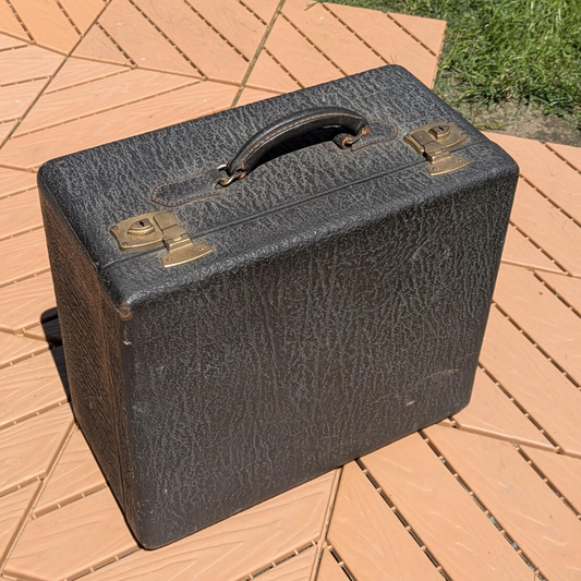 Aged Black Cracked Grain Rectangular Vintage Carry Case With Brass Lock Latches, Protective Base Studs And Integrated Inner Storage Slip Slots Suitcase