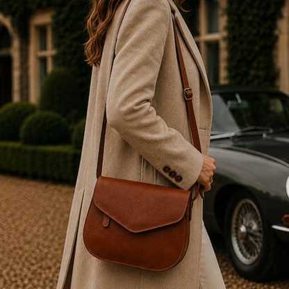 Vintage Brown Natural Grain Rounded Saddle Pouch With Pointed Envelope Flap, Vertical Tab Accent And Slide Buckle Hanging Strap