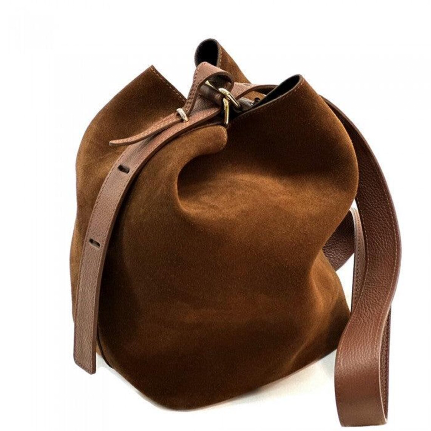Chestnut Matte Fuzzy Slouchy Bucket Bag With Wide Buckle Fastened Hanging Strap, Auxiliary Opening Tie Tab And Roomy Unlined Inner Compartment