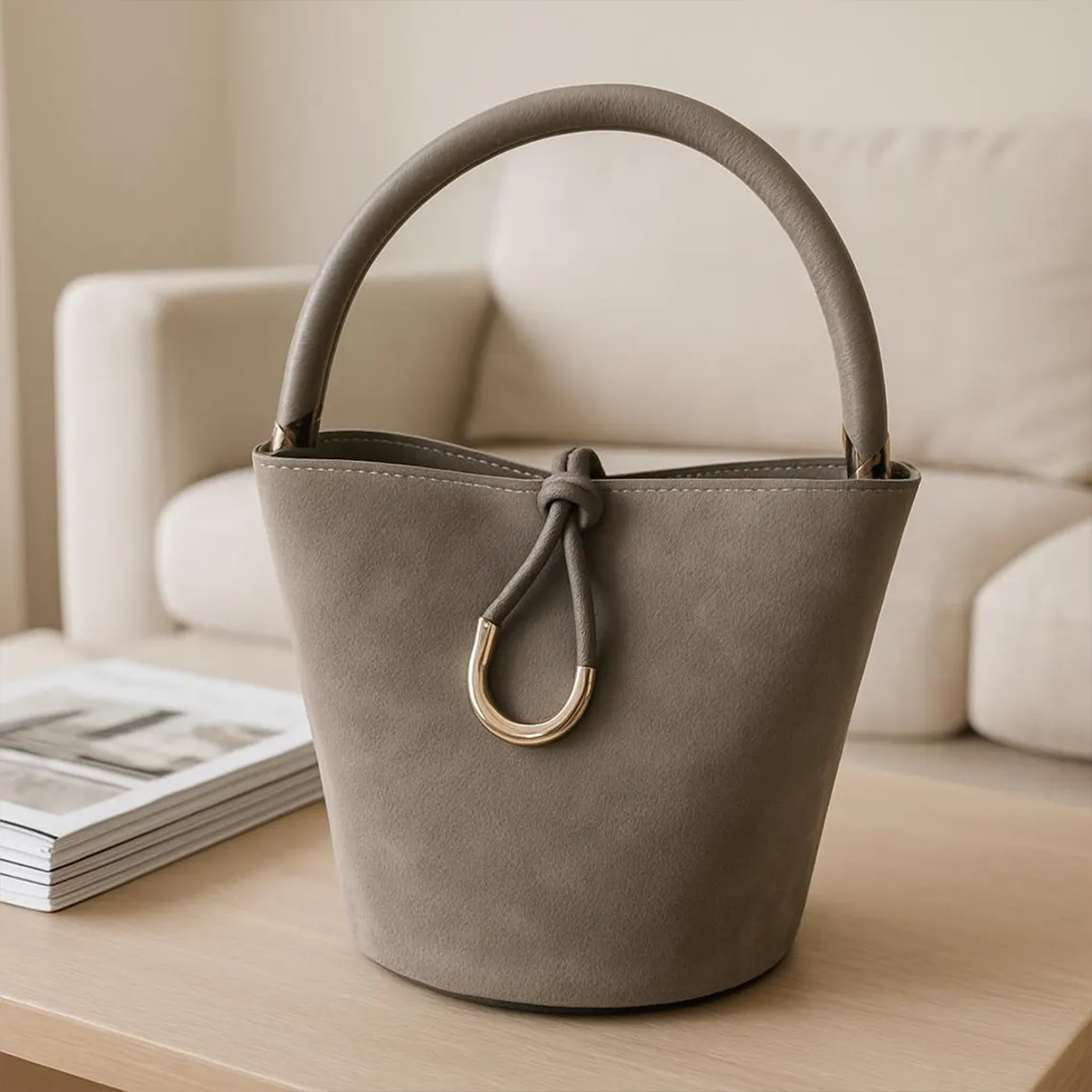 Ash Grey Matte Fuzzy Tapered Bucket Pouch With Golden U-Shaped Front Hardware, Curved Short Hand Grip And Detachable Slim Hanging Strip