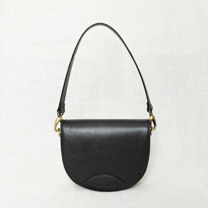 Dual-Tone Layered Half-Moon Saddle Pouch With Golden Swivel Clasp Hardware, Curved Flap Stitch Detailing And Single Slim Shoulder Hanging Strip