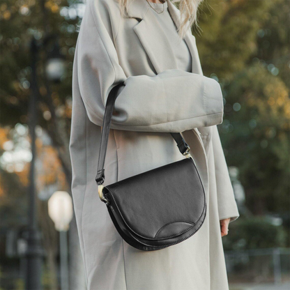 Dual-Tone Layered Half-Moon Saddle Pouch With Golden Swivel Clasp Hardware, Curved Flap Stitch Detailing And Single Slim Shoulder Hanging Strip