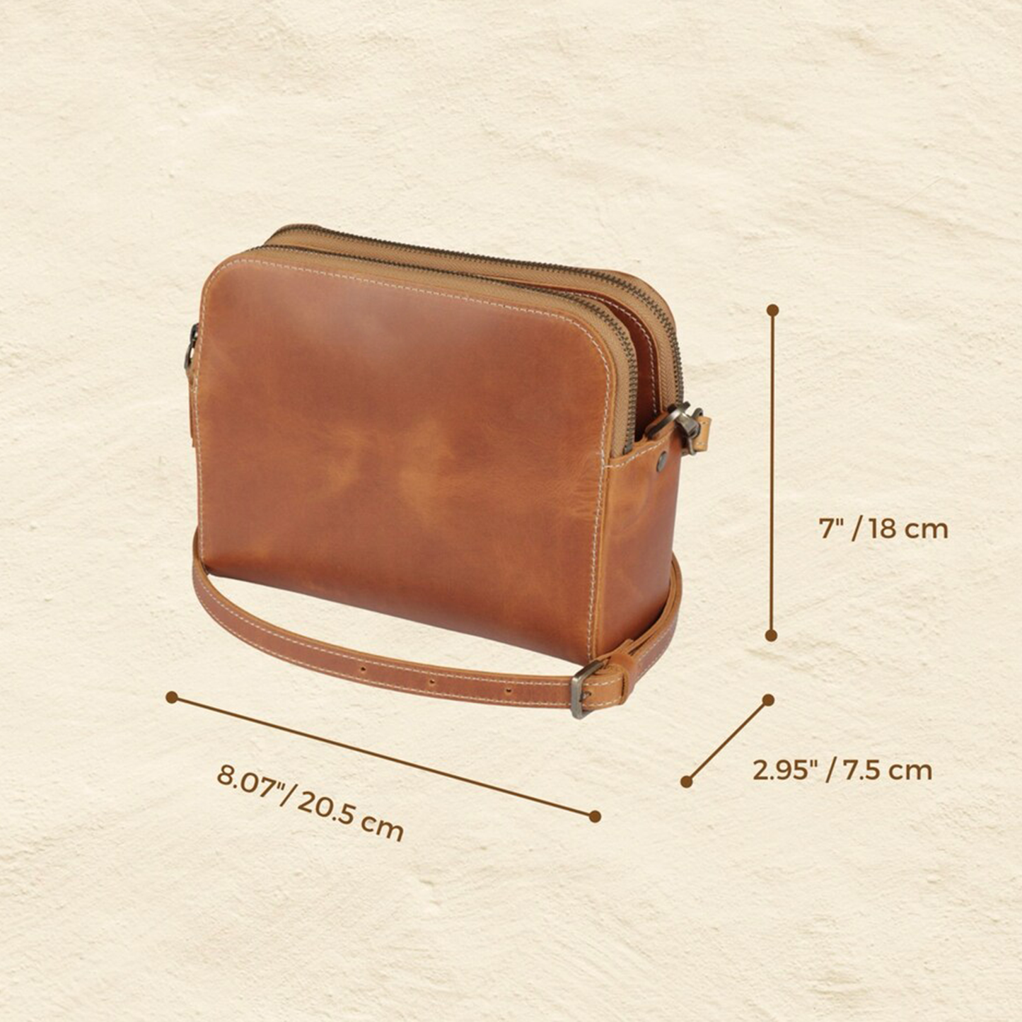 Vintage Tan Rounded Rectangle Mini Pouch With Dual Parallel Zip Closures, Contrast Edge Stitching And Side Ring Hanging Hardware