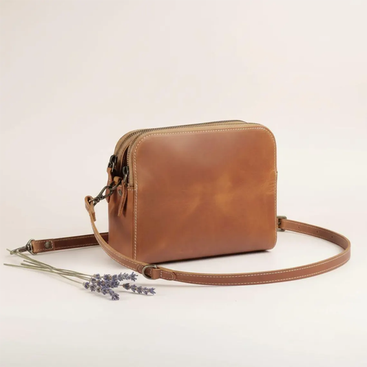 Vintage Tan Rounded Rectangle Mini Pouch With Dual Parallel Zip Closures, Contrast Edge Stitching And Side Ring Hanging Hardware