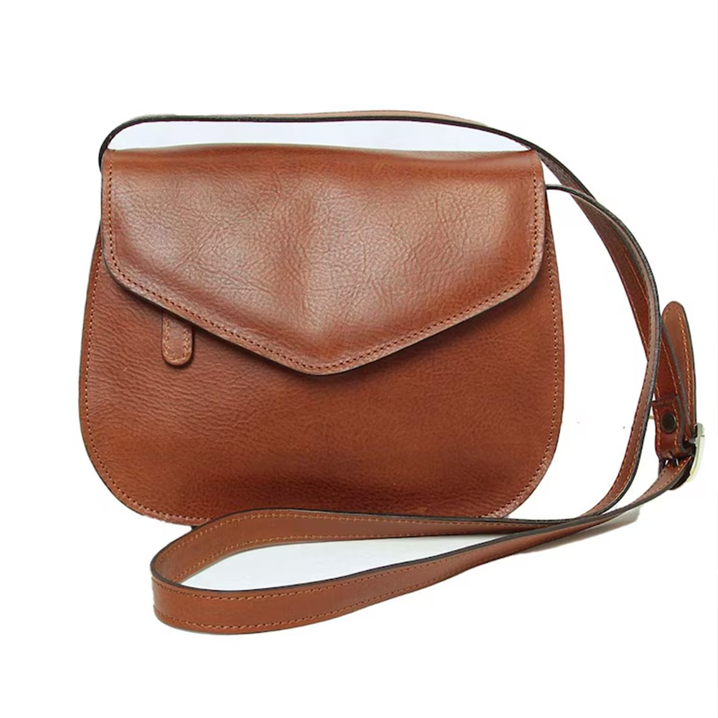 Vintage Brown Natural Grain Rounded Saddle Pouch With Pointed Envelope Flap, Vertical Tab Accent And Slide Buckle Hanging Strap
